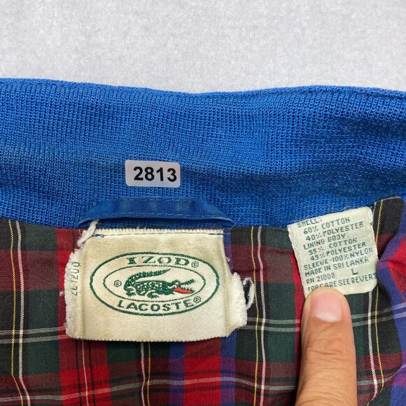 Vintage Izod Lacoste Bomber Jacket Men's L Blue Navy Plaid Lined Full Zip - Picture 12 of 16